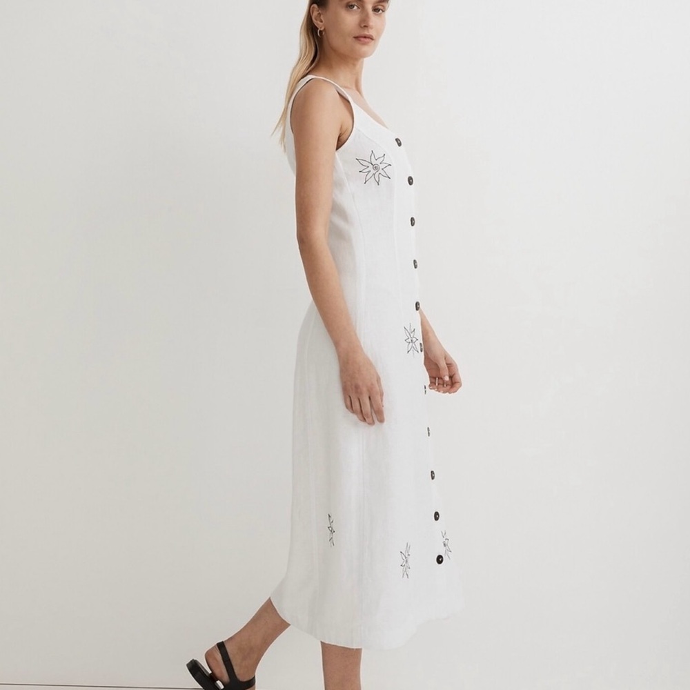 Madewell Linen Embroidered Button Front Midi Dress White Black Size 4 NWT - Picture 4 of 7